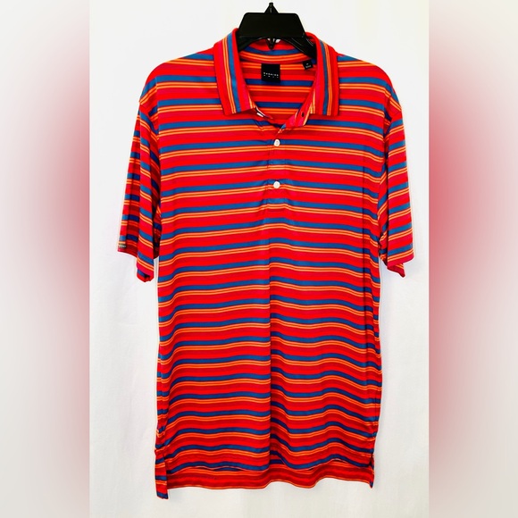 DUNNING Golf Mens Short Sleeve Blue Red Orange Striped Polo Golf Shirt SZ Medium - Picture 1 of 9
